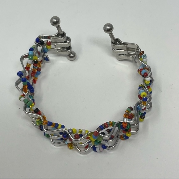 Silver Tone Seed Beads Layered Tiered Cuff Bracelet - Picture 7 of 10